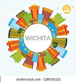 Wichita Kansas USA City Skyline with Color Buildings, Blue Sky and Copy Space. Vector Illustration. Business Travel and Tourism Concept with Modern Architecture. Wichita Cityscape with Landmarks.
