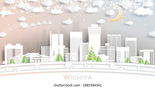 Wichita Kansas USA City Skyline in Paper Cut Style with Snowflakes, Moon and Neon Garland. Vector Illustration. Christmas and New Year Concept. Santa Claus on Sleigh.