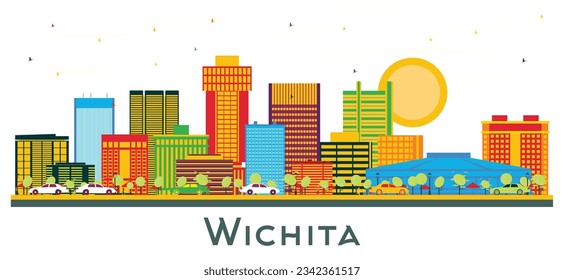 Wichita Kansas USA City Skyline with Color Buildings isolated on white. Vector Illustration. Business Travel and Tourism Concept with Modern Architecture. Wichita Cityscape with Landmarks.