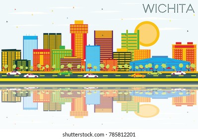 Wichita Kansas USA City Skyline with Color Buildings, Blue Sky and Reflections. Vector Illustration. Business Travel and Tourism Concept with Modern Architecture. Wichita Cityscape with Landmarks.
