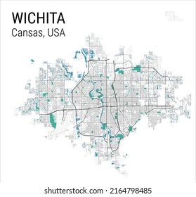 Wichita Kansas vector map. Detailed map of Wichita city administrative area. Cityscape panorama. Royalty free vector illustration. Road map with highways, rivers.