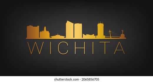 Wichita, KS, USA Gold Skyline City Silhouette Vector. Golden Design Luxury Style Icon Symbols. Travel and Tourism Famous Buildings.