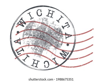 Wichita, KS, USA Stamp Map Postal. Silhouette Seal Roads and Streets. Passport Round Design. Vector Icon. Design Retro Travel National Symbol.