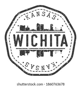 Wichita, KS, marca postal de la marca de la marca EEUU. Pasaporte postal de Silhouette. Icono de vector de redondeo de ciudad. Diseño de rehenes vintage.