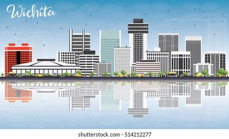 Wichita Skyline with Gray Buildings, Blue Sky and Reflections. Vector Illustration. Business Travel and Tourism Concept with Modern Architecture. Image for Presentation Banner Placard and Web Site.