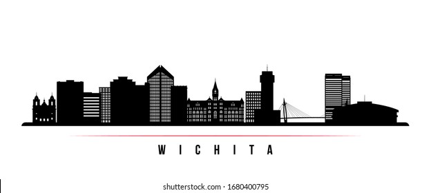 Wichita skyline horizontal banner. Black and white silhouette of Wichita, Kansas. Vector template for your design. 