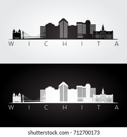 Wichita USA skyline and landmarks silhouette, black and white design, vector illustration.