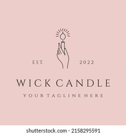 wick candle with hand line art logo vector symbol illustration design