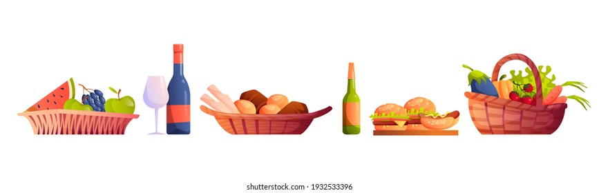 Wicked baskets with food and drinks isolated. Vector fruits and vegetables, wine glass and beer, bakery bread loaf, hamburgers and cheeseburgers. Tomatoes and apple, watermelon and grapes, pepper