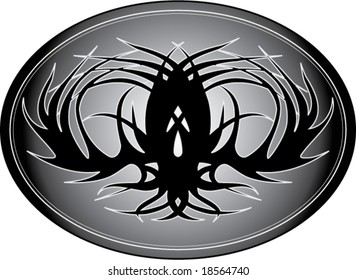 Wicked black abstract bat creature against oval outlined disk