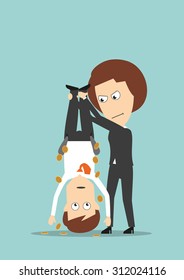 Wicked business woman holding colleague upside down and shaking out money from his pockets. Cartoon flat style