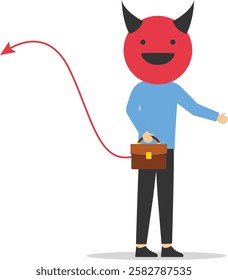 Wicked Businessman holding a smile mask. Bad idea cause problem and failure, disappointment from rejected, evil and negative opinion. Modern vector illustration in flat style

