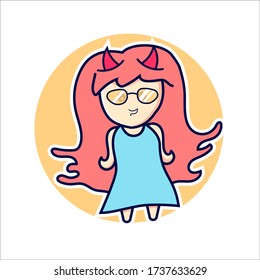 wicked Cute girl cartoon character with cool Expression and use eyeglasses for emoji, sticker, pin, patch, badge. Vector illustration. isolated on white background