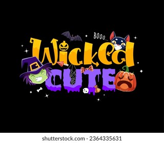 Qué lindo malvado, cita de la festividad de Halloween con personajes monstruosos de emojis. Halloween truco o trata la tipografía vectorial nocturna con bruja divertida, calabaza, murciélago y gato, cráneo, dulces, setas y telaraña