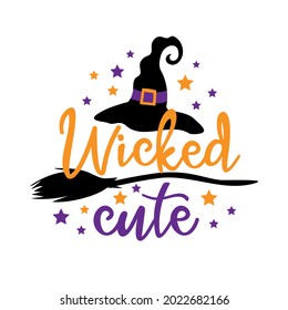 Wicked cute - Witch hat and broom. Happy halloween decoration for children.