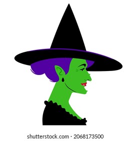 Wicked green witch in hat. Mature enchantress woman with green skin, black costume, coiffure hair bun. Witchcraft and halloween concept. Side view realistic female portrait in modern flat style.