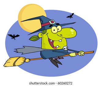 Wicked Halloween Witch Flying By Bats And A Full Moon On A Broom Stick