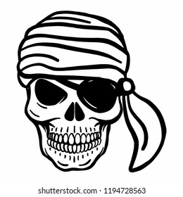 Wicked hand drawn vector pirate skull. Crossed pistols, crossed sabers, swords, pirate flag, eye patch, bandana, pirate hat. Black, white, red, isolated.