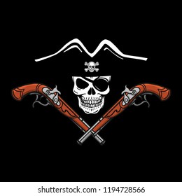 Wicked hand drawn vector pirate skull. Crossed pistols, crossed sabers, swords, pirate flag, eye patch, bandana, pirate hat. Black, white, red, isolated.