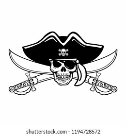 Wicked hand drawn vector pirate skull. Crossed pistols, crossed sabers, swords, pirate flag, eye patch, bandana, pirate hat. Black, white, red, isolated.