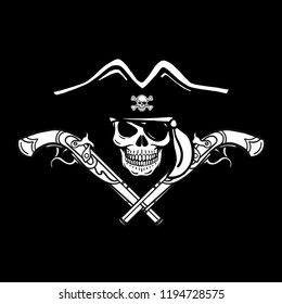 Wicked hand drawn vector pirate skull. Crossed pistols, crossed sabers, swords, pirate flag, eye patch, bandana, pirate hat. Black, white, red, isolated.