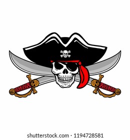 Wicked hand drawn vector pirate skull. Crossed pistols, crossed sabers, swords, pirate flag, eye patch, bandana, pirate hat. Black, white, red, isolated.
