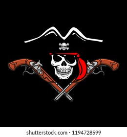 Wicked hand drawn vector pirate skull. Crossed pistols, crossed sabers, swords, pirate flag, eye patch, bandana, pirate hat. Black, white, red, isolated.