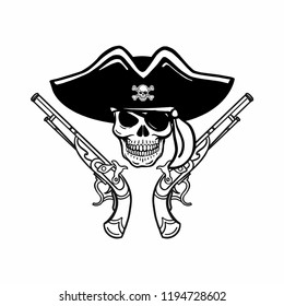 Wicked hand drawn vector pirate skull. Crossed pistols, crossed sabers, swords, pirate flag, eye patch, bandana, pirate hat. Black, white, red, isolated.