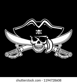 Wicked hand drawn vector pirate skull. Crossed pistols, crossed sabers, swords, pirate flag, eye patch, bandana, pirate hat. Black, white, red, isolated.