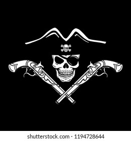 Wicked hand drawn vector pirate skull. Crossed pistols, crossed sabers, swords, pirate flag, eye patch, bandana, pirate hat. Black, white, red, isolated.