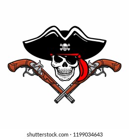 Wicked hand drawn vector pirate skull. Crossed pistols, crossed sabers, swords, pirate flag, eye patch, bandana, pirate hat. Black, white, red, isolated.