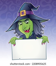 Wicked looking green witch character that is grinning and holding up a blank sign with a  purple gradated swirl background.