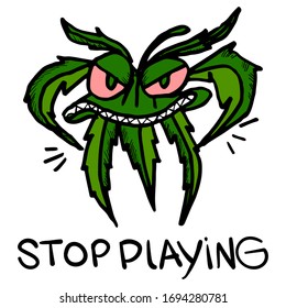 Wicked marijuana with red eyes and sharp eyes. Dark green hemp comes with a menacing look. Inflated strong narcotic herb on a white background. Illustration for stickers and print. Emotion of threat.
