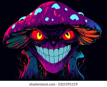 A wicked mushroom character with glowing eyes and a devilish smile