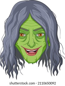 Wicked old witch face on white background illustration
