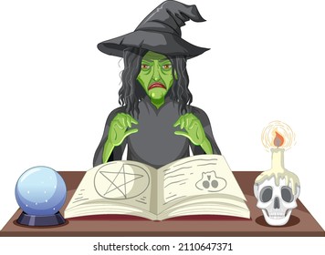 Wicked old witch with magic spell book illustration