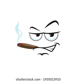 Wicked Popped-eyed Face, Angry Emoticon With Smirked In Triumph Smile Isolated Emoji Smoking Cigarette Or Pipe. Vector Self-confident Emoticon Head, Suspicious Detective Face, Big Eyes