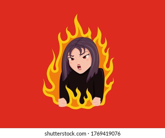 Wicked pretty girl. Angry woman with red eyes burns fire of hatred aggressive disappointment emotional problems in personal cartoon life explosion negative vector feelings.