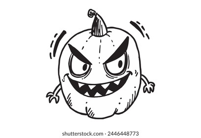 Wicked pumpkin character drawing. Playful jack-o'-lantern with a devious grin. Doodle art. Concept of Halloween pranks, spooky character design, mischievous decoration, and holiday humor. 