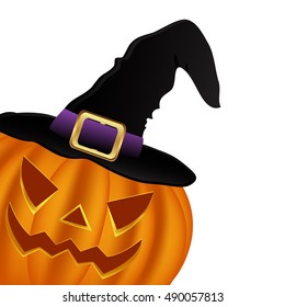 Wicked pumpkin for Halloween in a witches hat. Jack Lantern, vector illustration