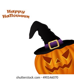 Wicked pumpkin for Halloween in a witches hat. Jack Lantern, vector illustration