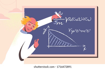 Wicked scientist manipulating with data and formulas on chalk board. Bald headed man in sweater drawing wrong chart.
