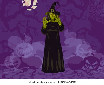 Wicked witch costume Halloween thematic abstract background, green witch monster full moon, creepy tree branches with pumpkins and fog on