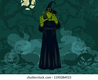 Wicked witch costume on Halloween thematic abstract background with pumpkins and fog