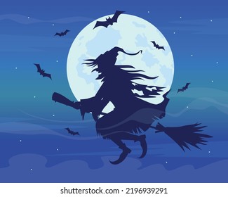 Wicked witch flat color vector illustration. Old hag flying on broom. Halloween night. Spooky nighttime. Fully editable 2D simple cartoon character with full moon and bats on background