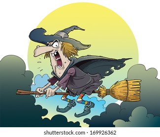 Wicked witch flying on a broomstick at night.