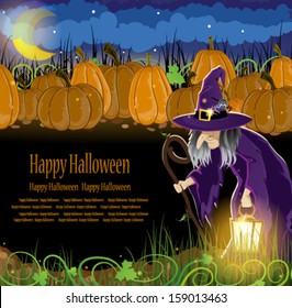 Wicked witch with a lantern and  pumpkins with leaves and sprouts. Abstract Halloween background