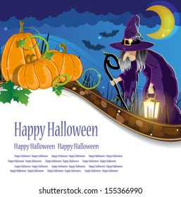 Wicked witch with a lantern and three pumpkins with leaves and sprouts. Abstract Halloween background
