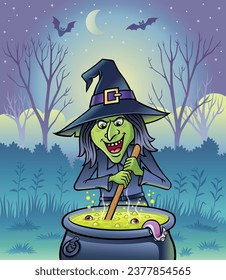 Wicked witch stirring a large cauldron with a green bubbling mixture with couple of eyeballs and a tentacle with an eerie looking night sky above with bats hovering, stars, and crescent moon. 