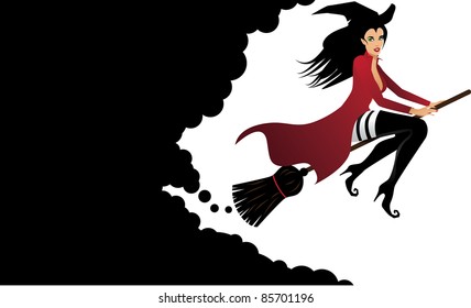 Wicked witch with a trail of smoke A beautiful witch leaves a trail of smoke behind with space for your message. EPS 8 vector is grouped for easy editing.